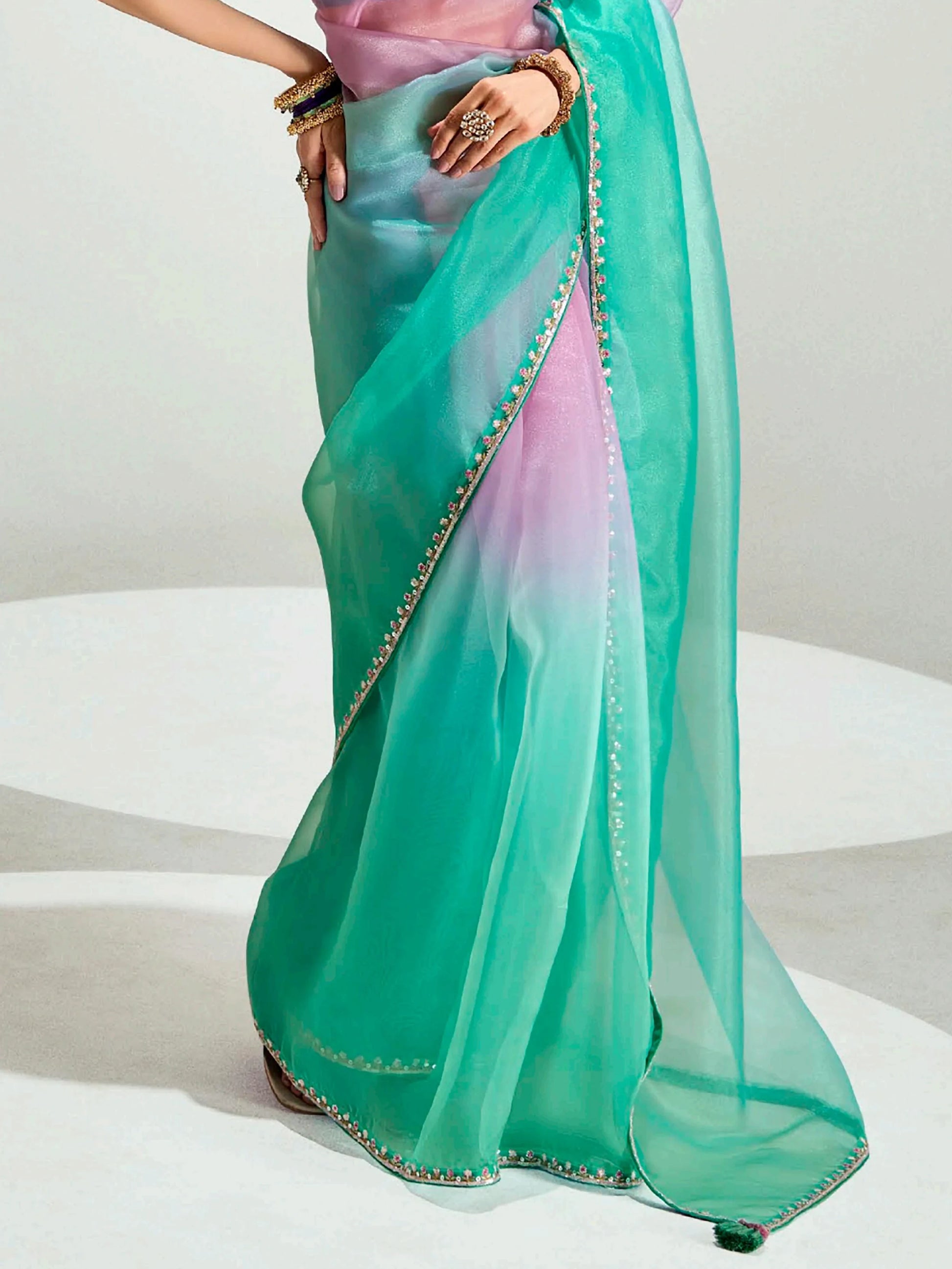 Wonderful Teal Green Border Work Organza Festive Wear Saree With Blouse - Zeel Clothing