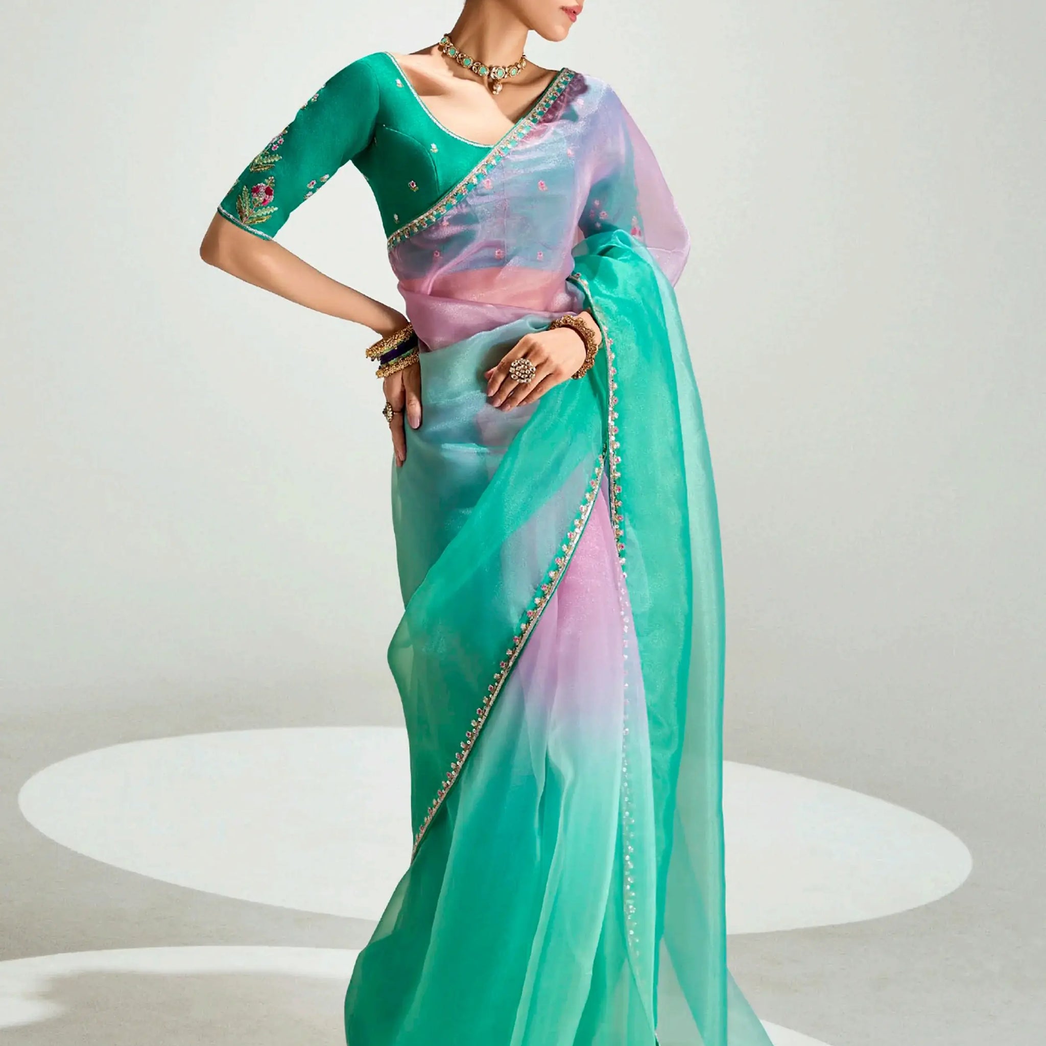 Wonderful Teal Green Border Work Organza Festive Wear Saree With Blouse - Zeel Clothing