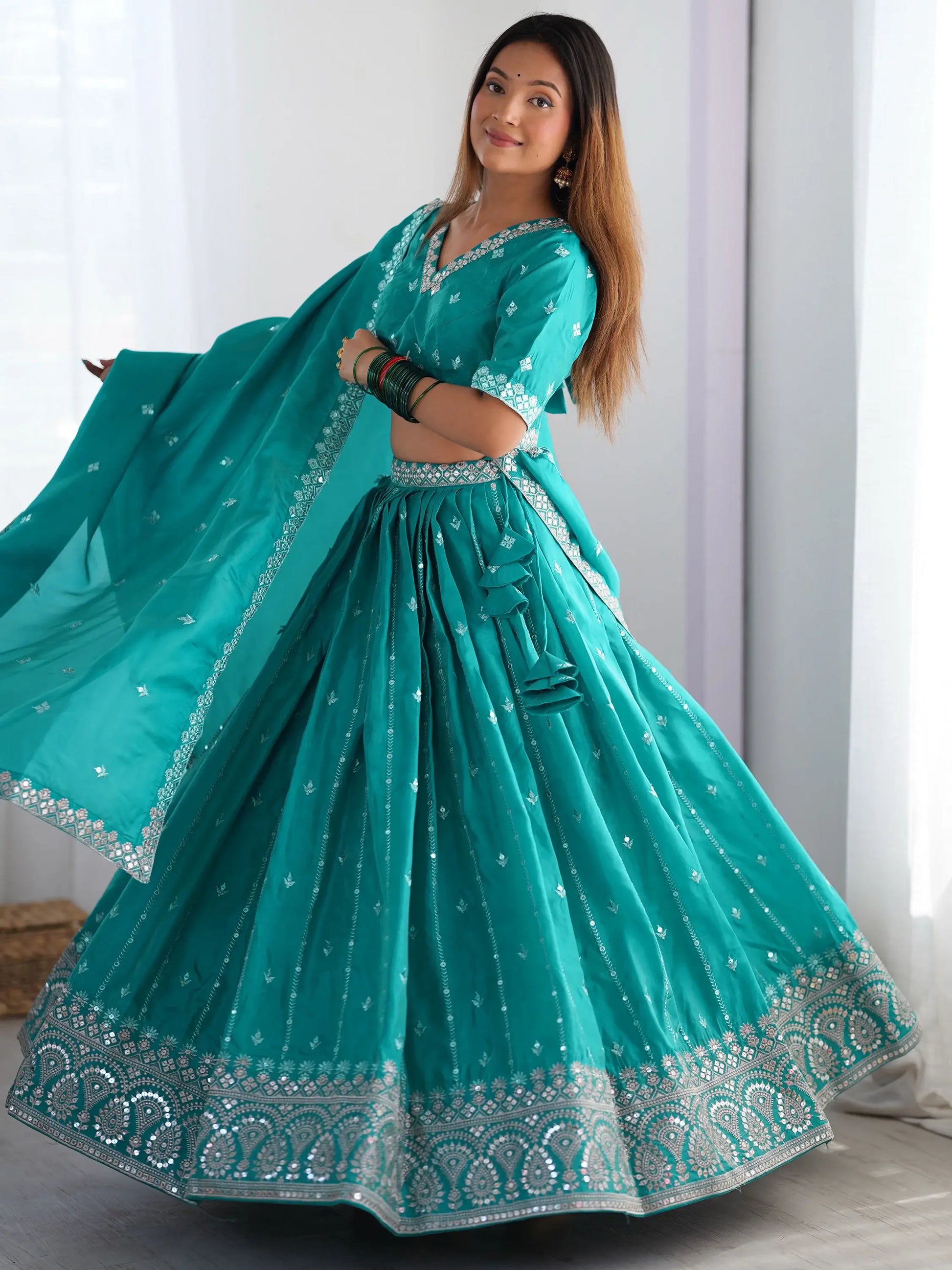 Wonderful Teal Green Thread Embroidered Silk Wedding Lehenga Choli - Zeel Clothing