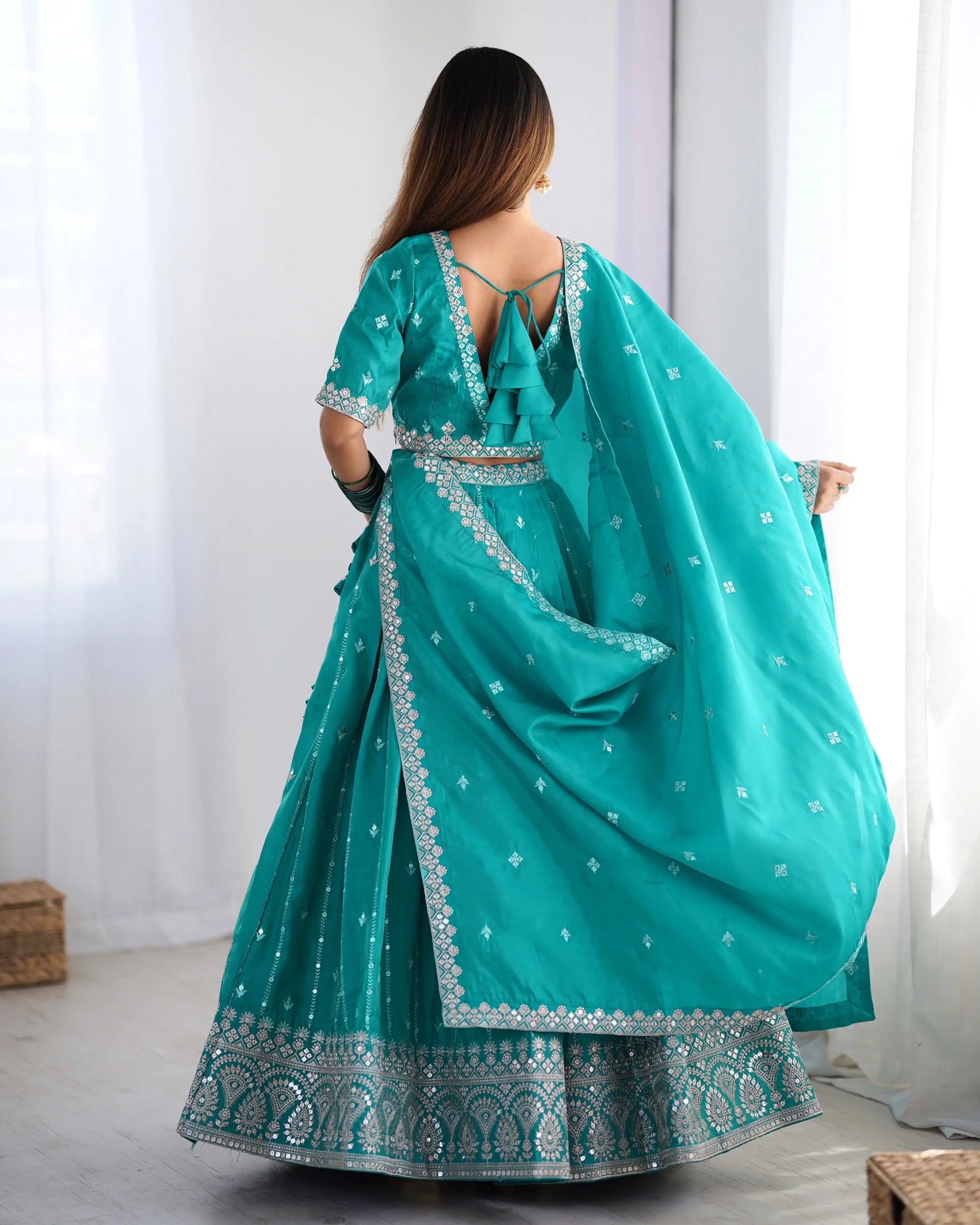Wonderful Teal Green Thread Embroidered Silk Wedding Lehenga Choli - Zeel Clothing