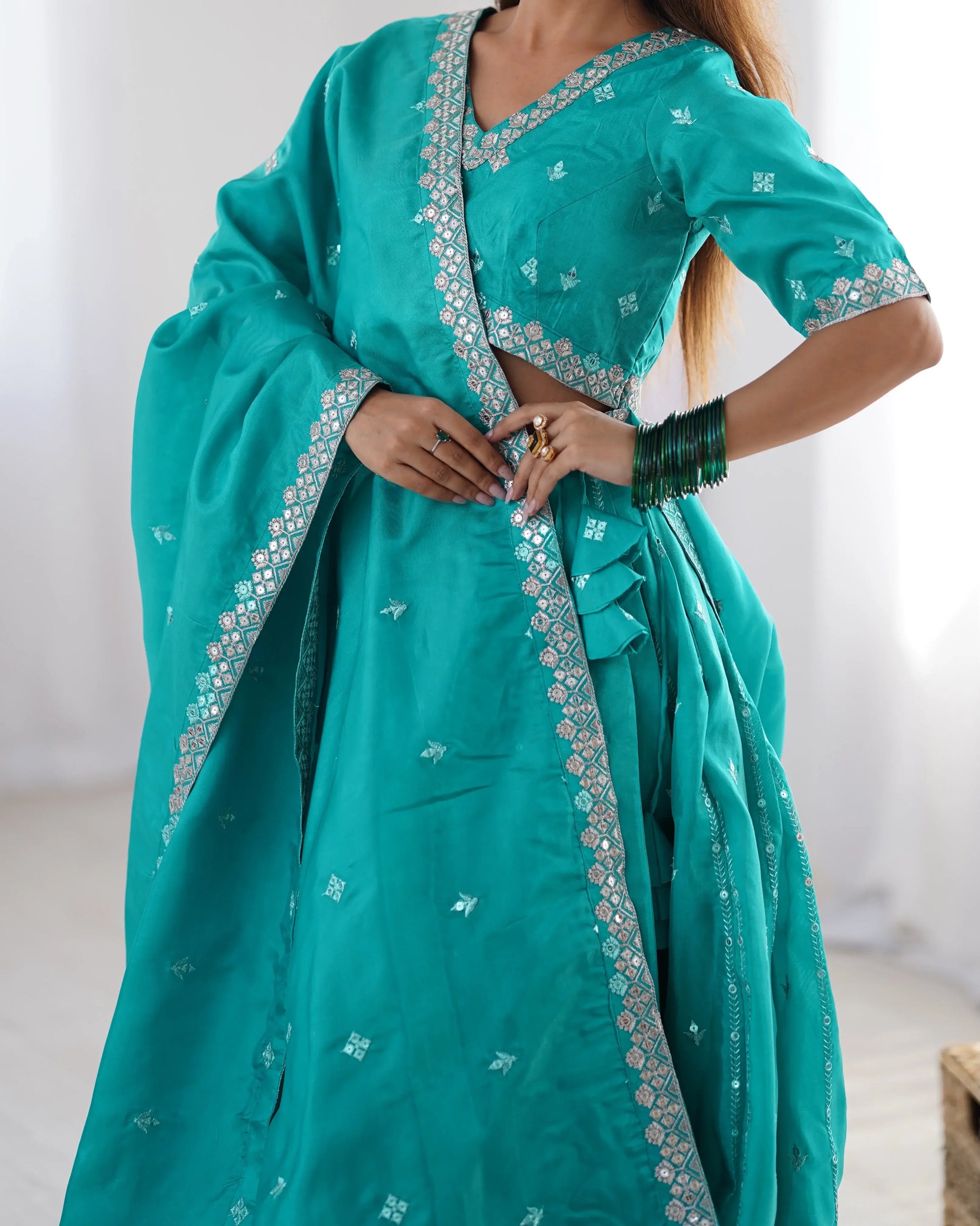 Wonderful Teal Green Thread Embroidered Silk Wedding Lehenga Choli - Zeel Clothing