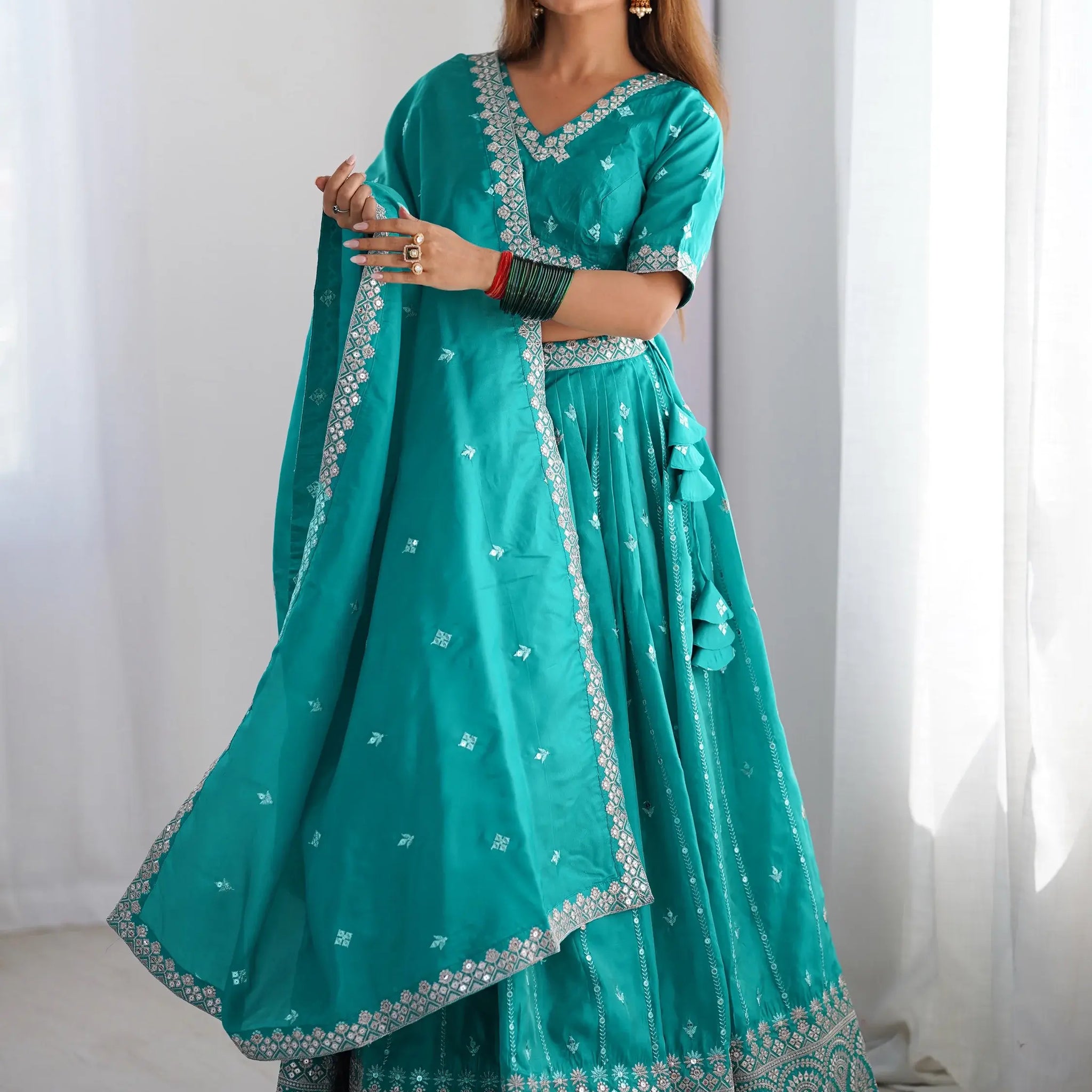 Wonderful Teal Green Thread Embroidered Silk Wedding Lehenga Choli - Zeel Clothing