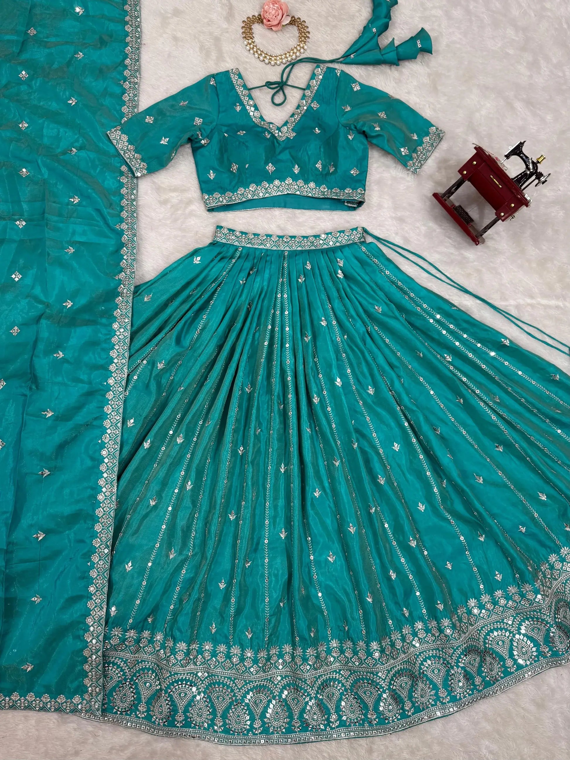 Wonderful Teal Green Thread Embroidered Silk Wedding Lehenga Choli - Zeel Clothing
