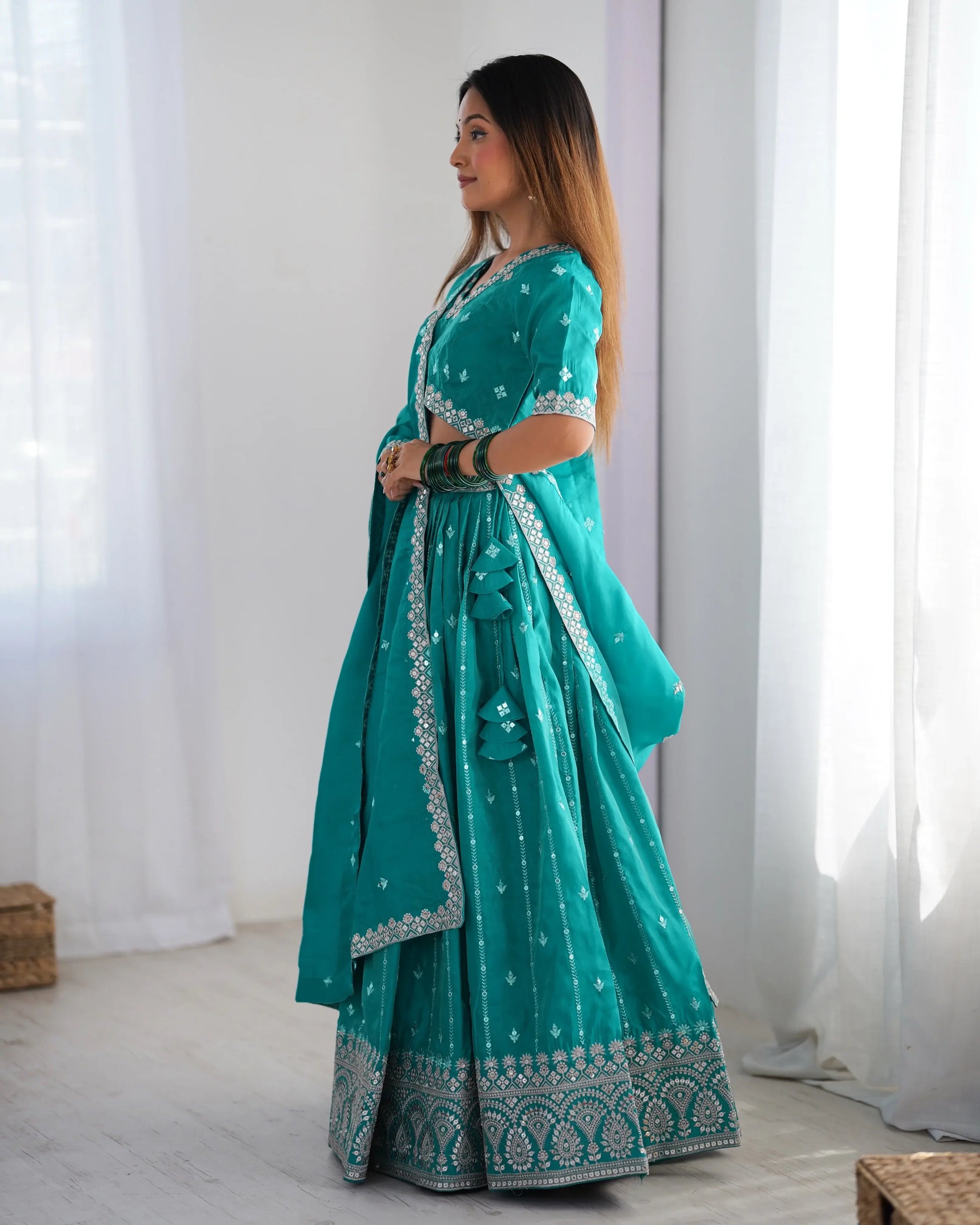 Wonderful Teal Green Thread Embroidered Silk Wedding Lehenga Choli - Zeel Clothing