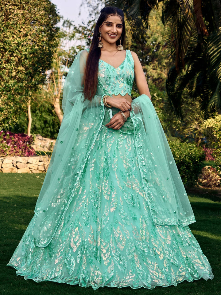 Wonderful Turquoise Sequins Net Reception Wear Lehenga Choli
