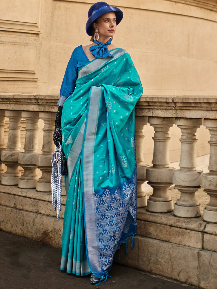 Wonderful Turquoise Silk Zari Weaving Designer Saree With Blouse - Zeel Clothing