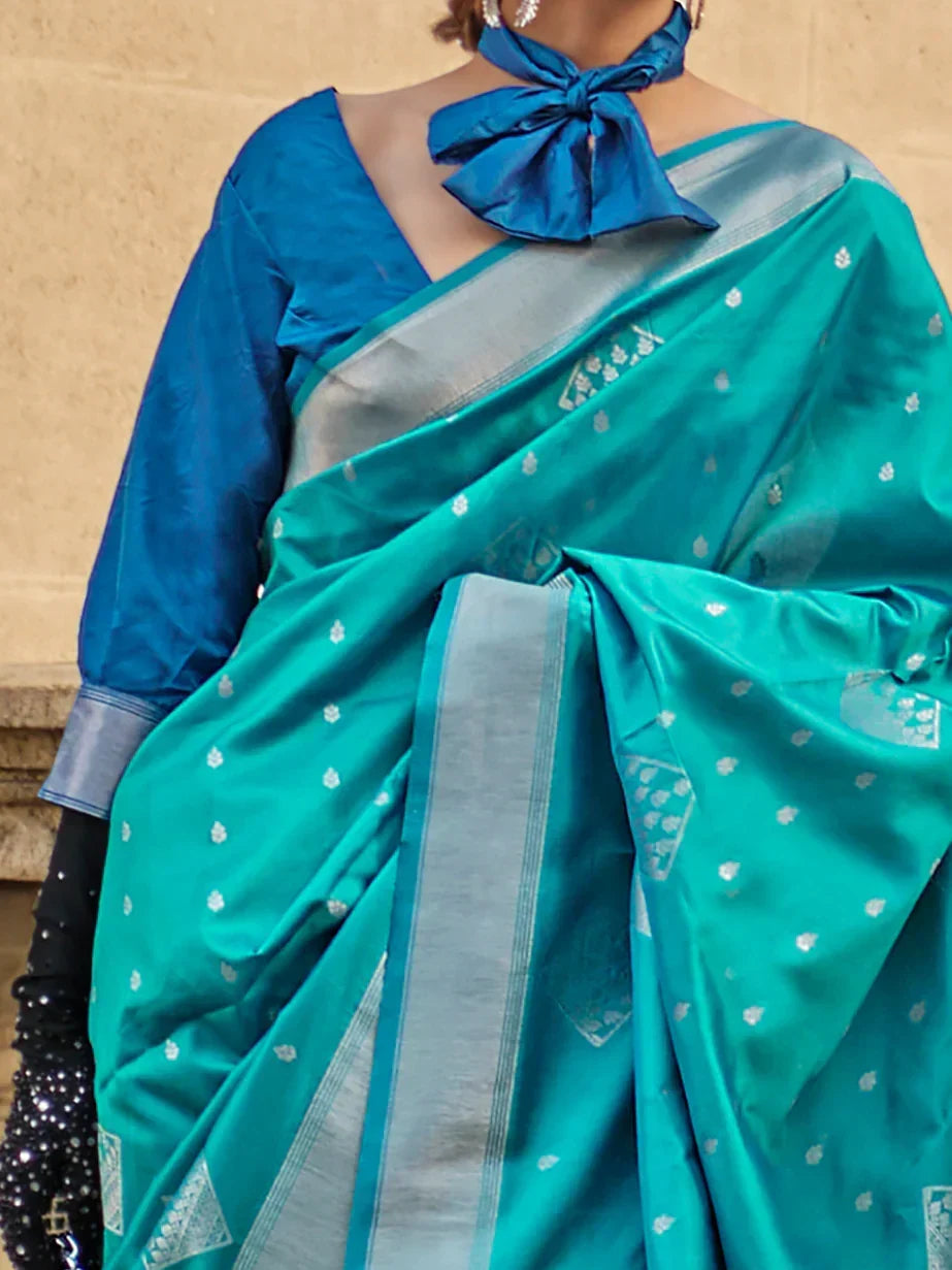 Wonderful Turquoise Silk Zari Weaving Designer Saree With Blouse - Zeel Clothing