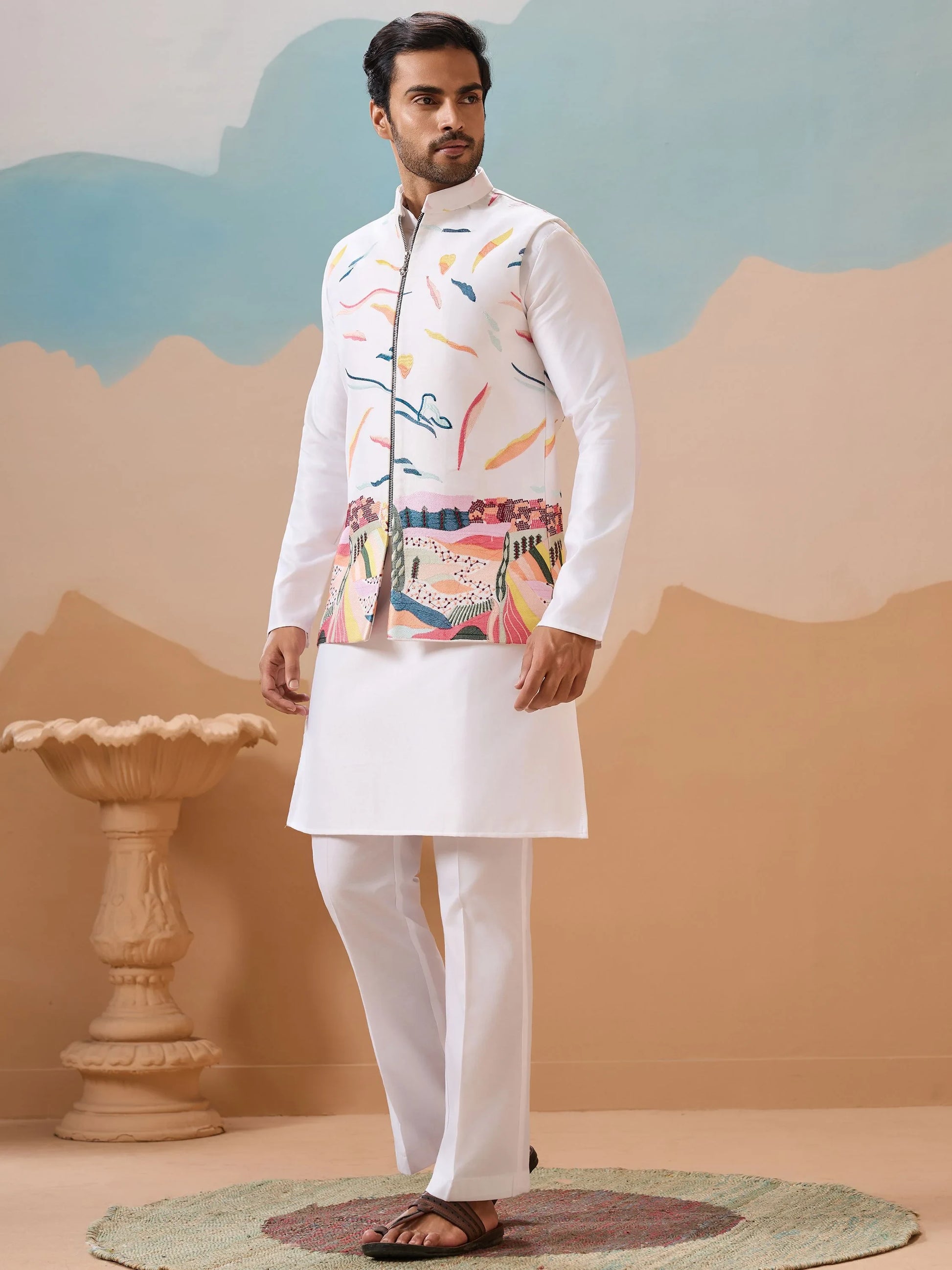 Wonderful White Embroidered Silk Marriage Wear Men Kurta Set With Jacket