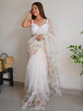 Wonderful White Floral Printed Organza Traditional Saree With Blouse - Zeel Clothing