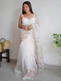 Wonderful White Floral Printed Organza Traditional Saree With Blouse - Zeel Clothing