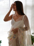Wonderful White Floral Printed Organza Traditional Saree With Blouse - Zeel Clothing