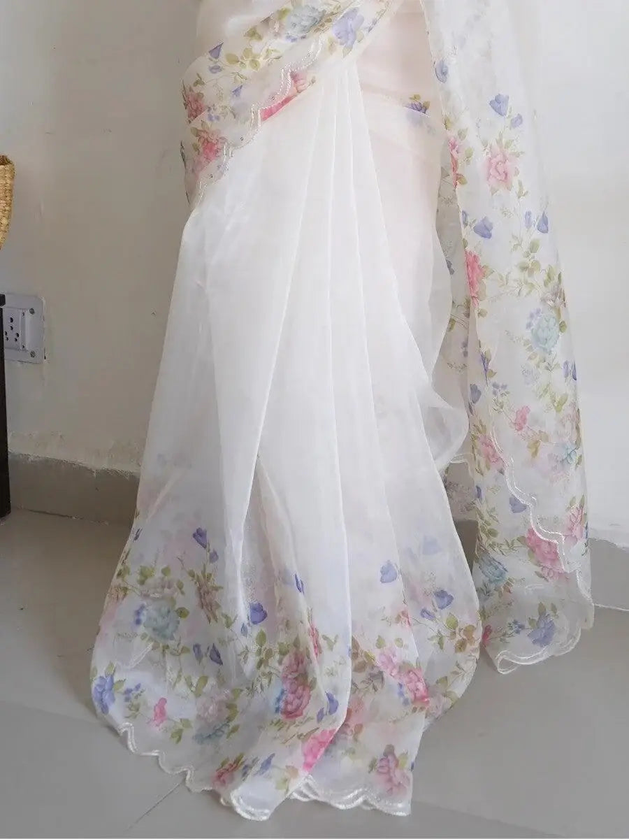 Wonderful White Floral Printed Organza Traditional Saree With Blouse - Zeel Clothing