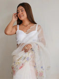 Wonderful White Floral Printed Organza Traditional Saree With Blouse - Zeel Clothing