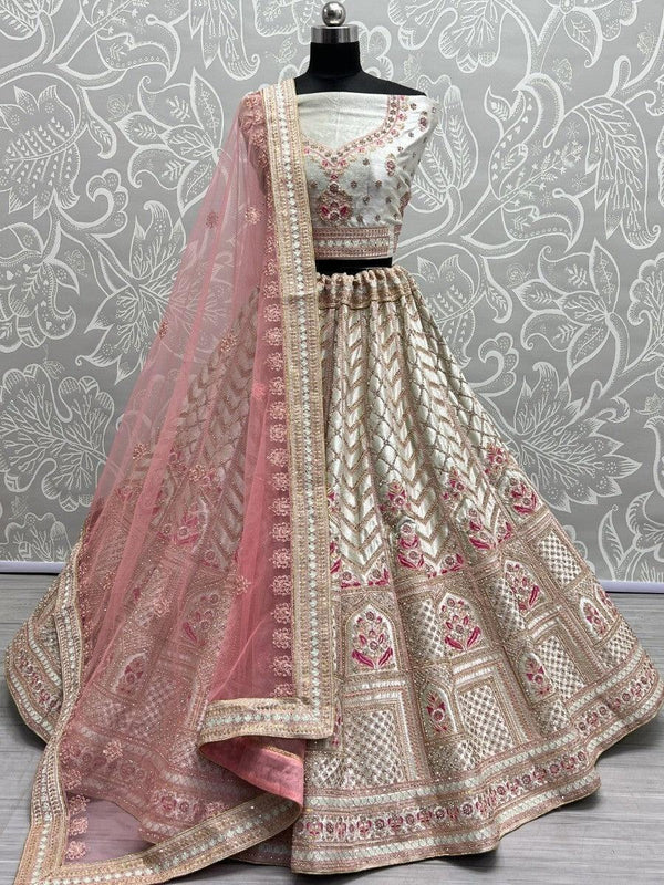 Wonderful White Heavy Embroidered Velvet Bridal Lehenga Choli