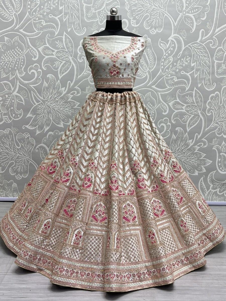 Wonderful White Heavy Embroidered Velvet Bridal Lehenga Choli
