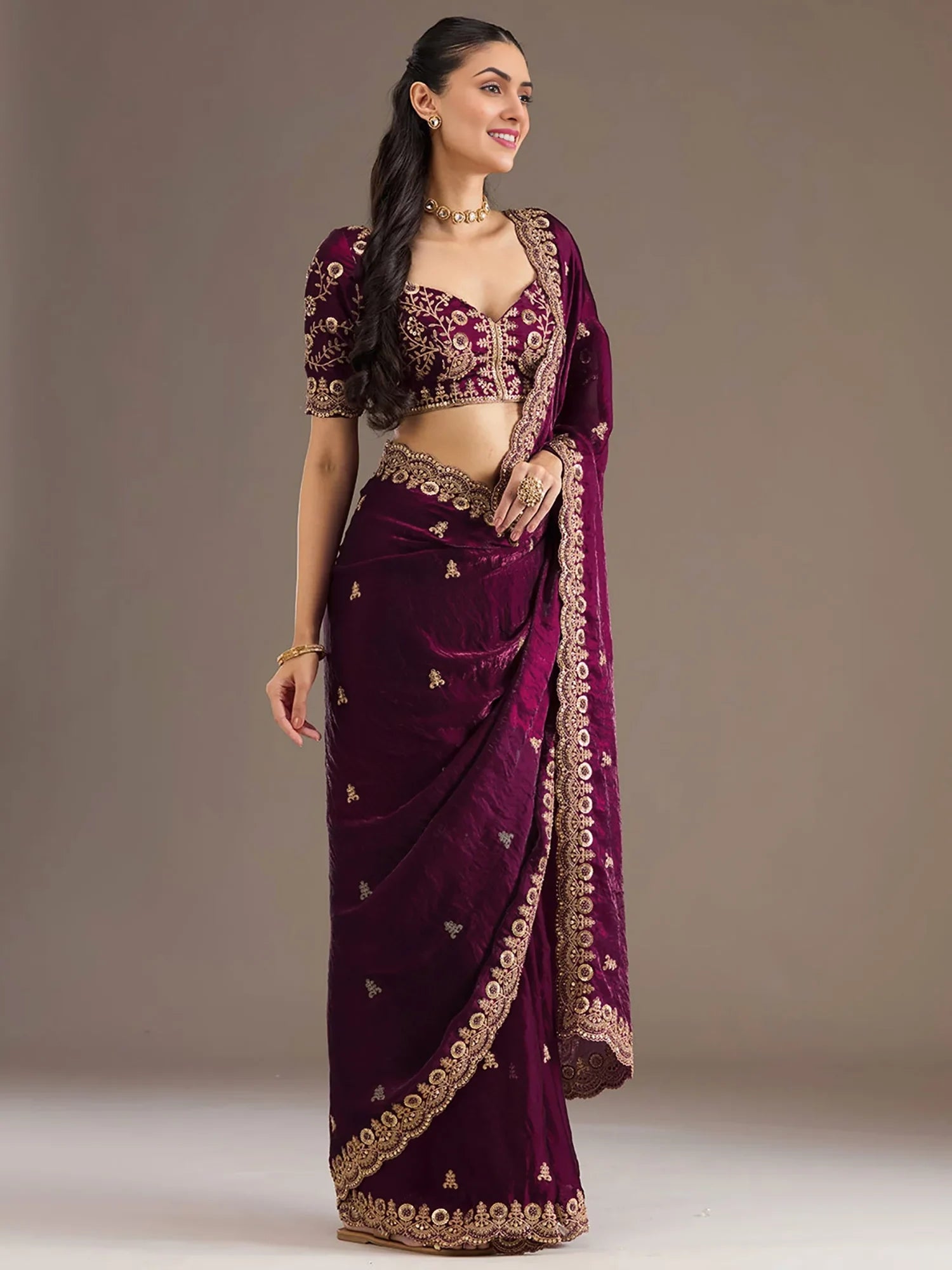 Wonderful Wine Sequins Embroidered Tissue Party Wear Saree With Blouse