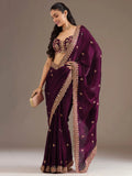Wonderful Wine Sequins Embroidered Tissue Party Wear Saree With Blouse