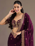 Wonderful Wine Sequins Embroidered Tissue Party Wear Saree With Blouse
