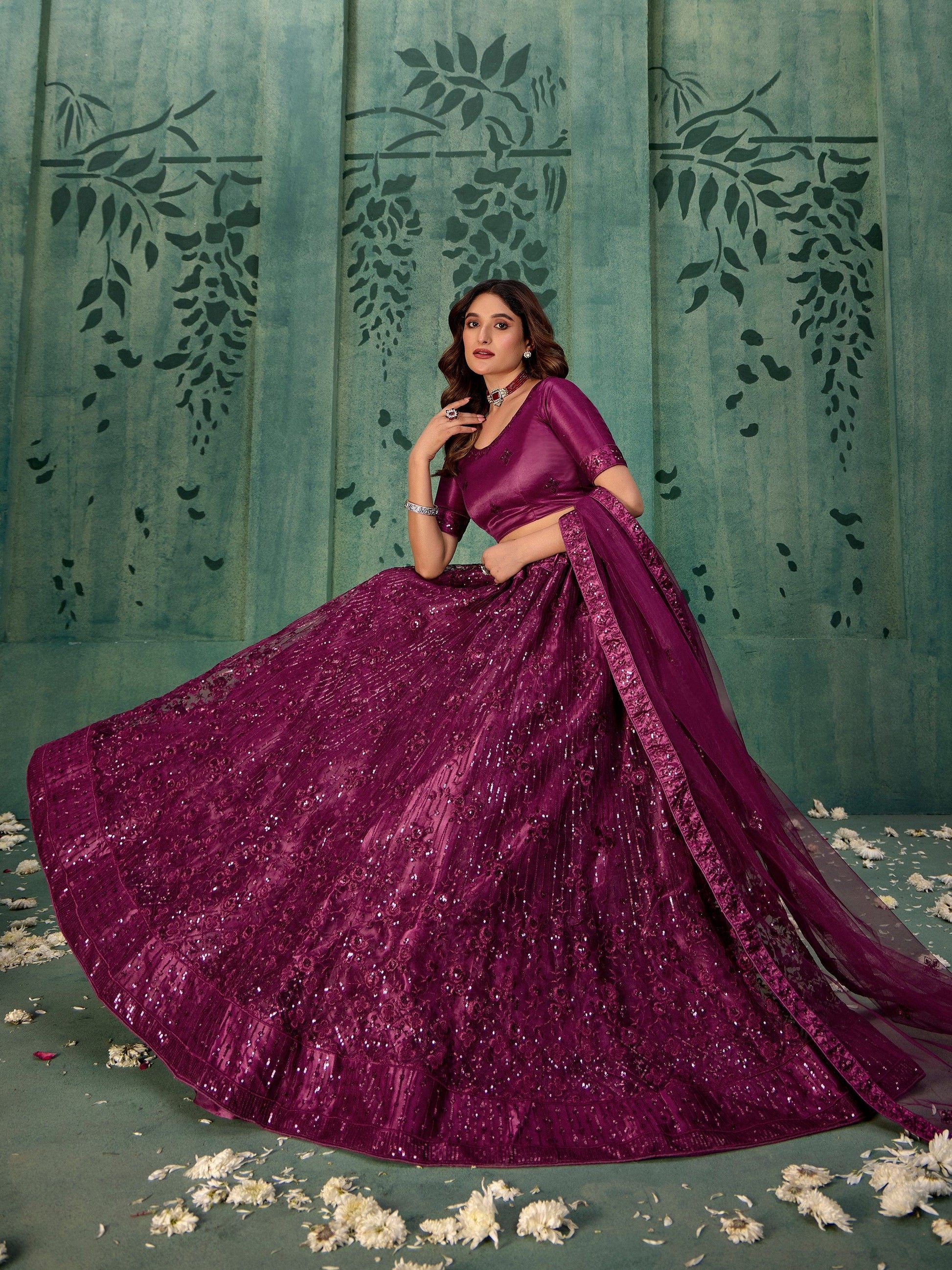 Wonderful Wine Thread Work Net Reception Wear Lehenga Choli With Dupatta - Zeel Clothing