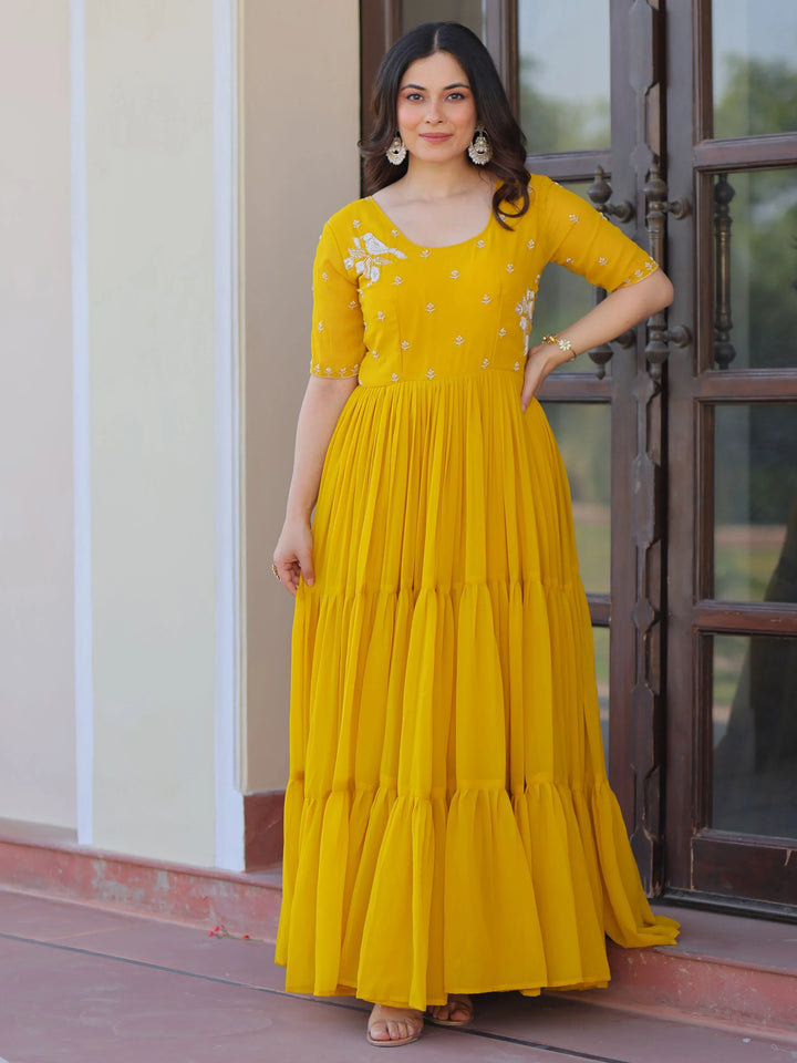 Wonderful Yellow Bead Embroidery Georgette Haldi Wear Gown - Zeel Clothing