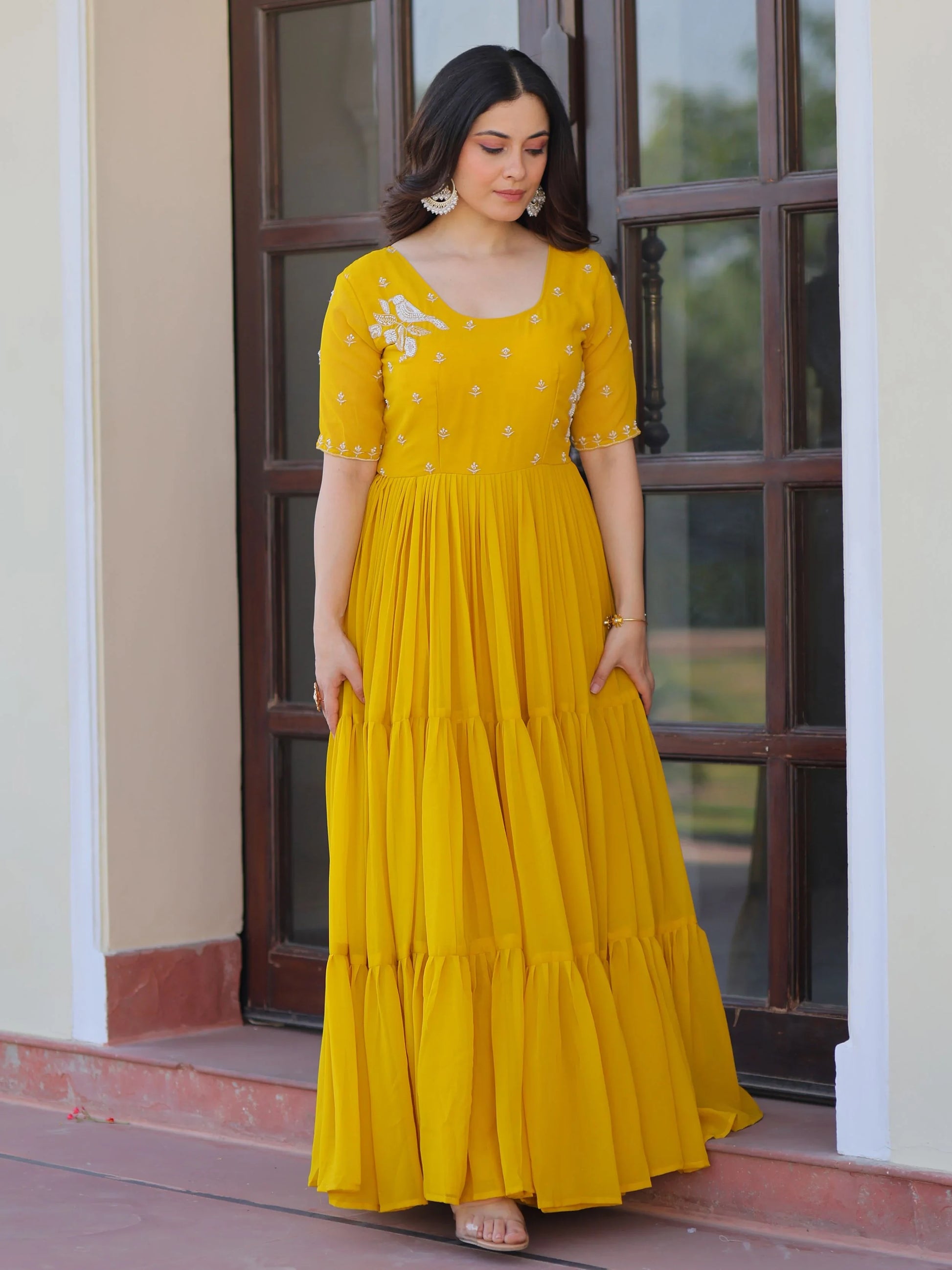 Wonderful Yellow Bead Embroidery Georgette Haldi Wear Gown - Zeel Clothing