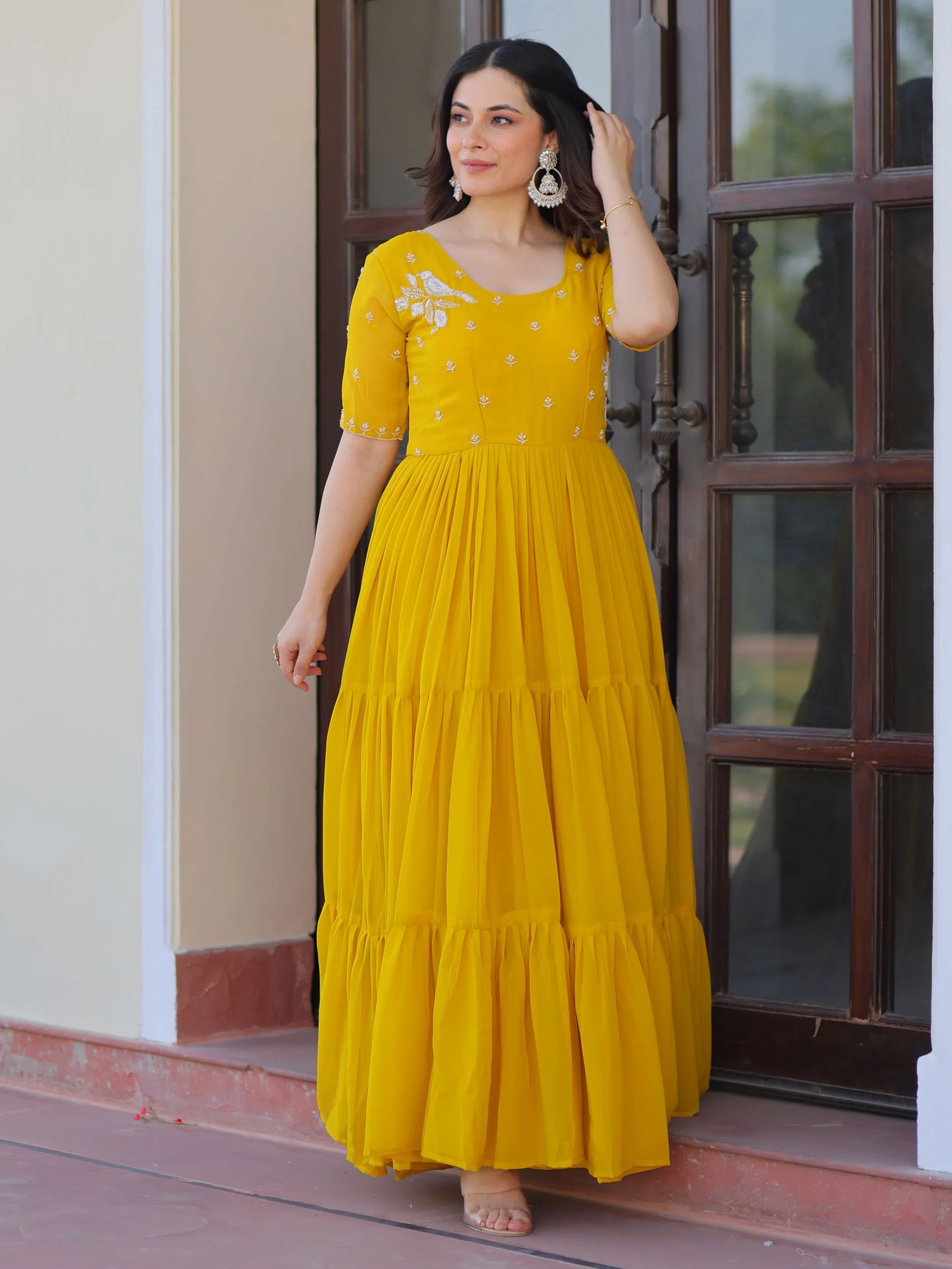 Wonderful Yellow Bead Embroidery Georgette Haldi Wear Gown - Zeel Clothing