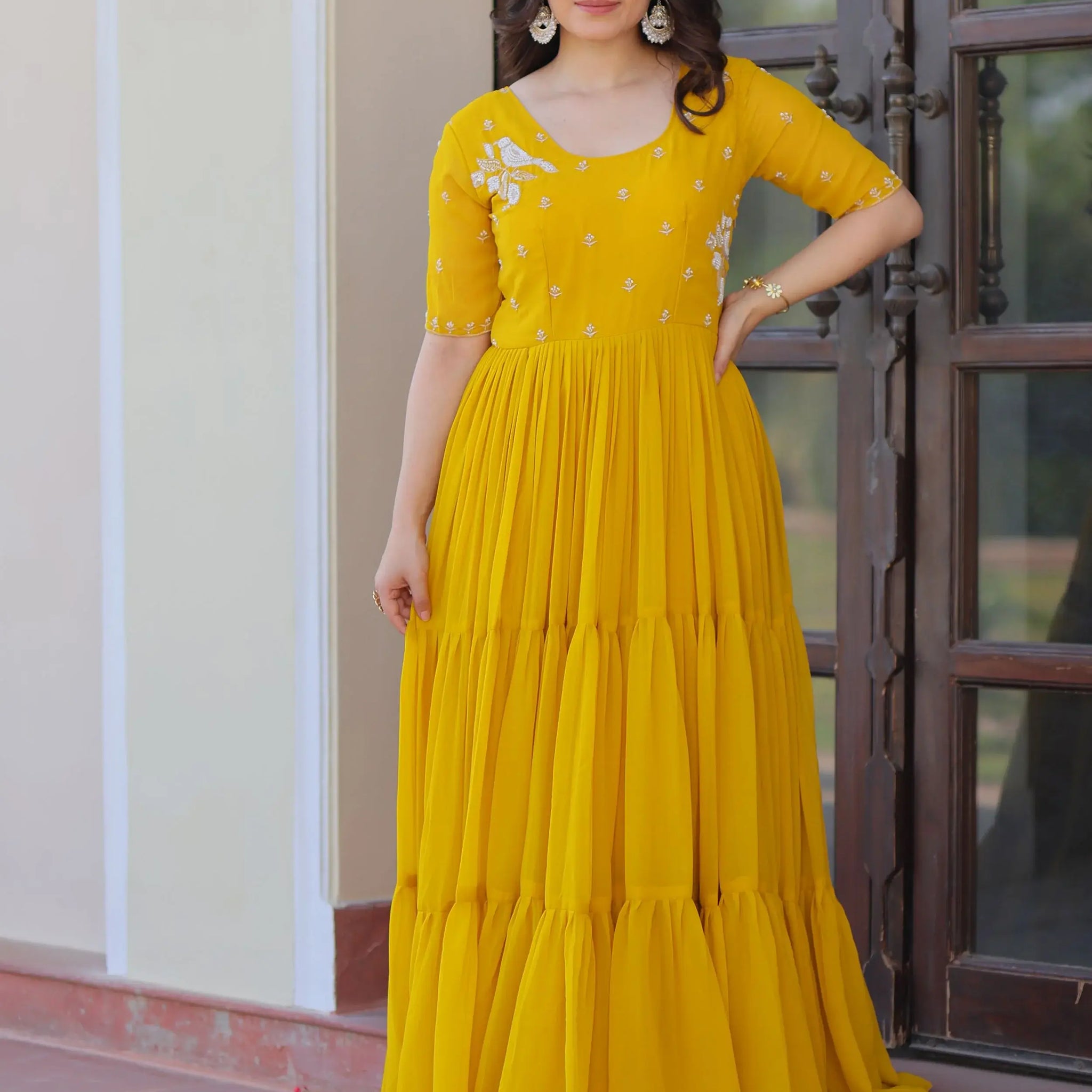 Wonderful Yellow Bead Embroidery Georgette Haldi Wear Gown - Zeel Clothing