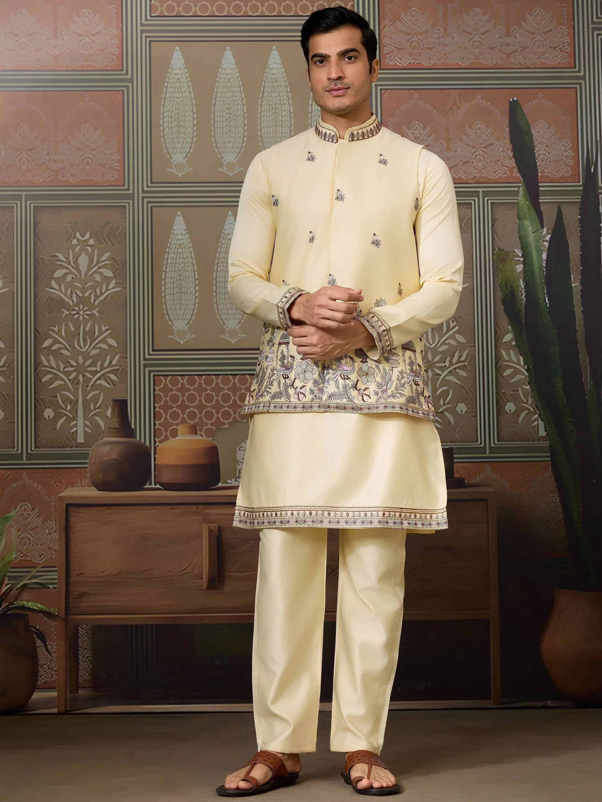Wonderful Yellow Embroidered Silk Haldi Wear Men Kurta Set With Jacket