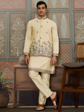 Wonderful Yellow Embroidered Silk Haldi Wear Men Kurta Set With Jacket