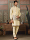 Wonderful Yellow Embroidered Silk Haldi Wear Men Kurta Set With Jacket