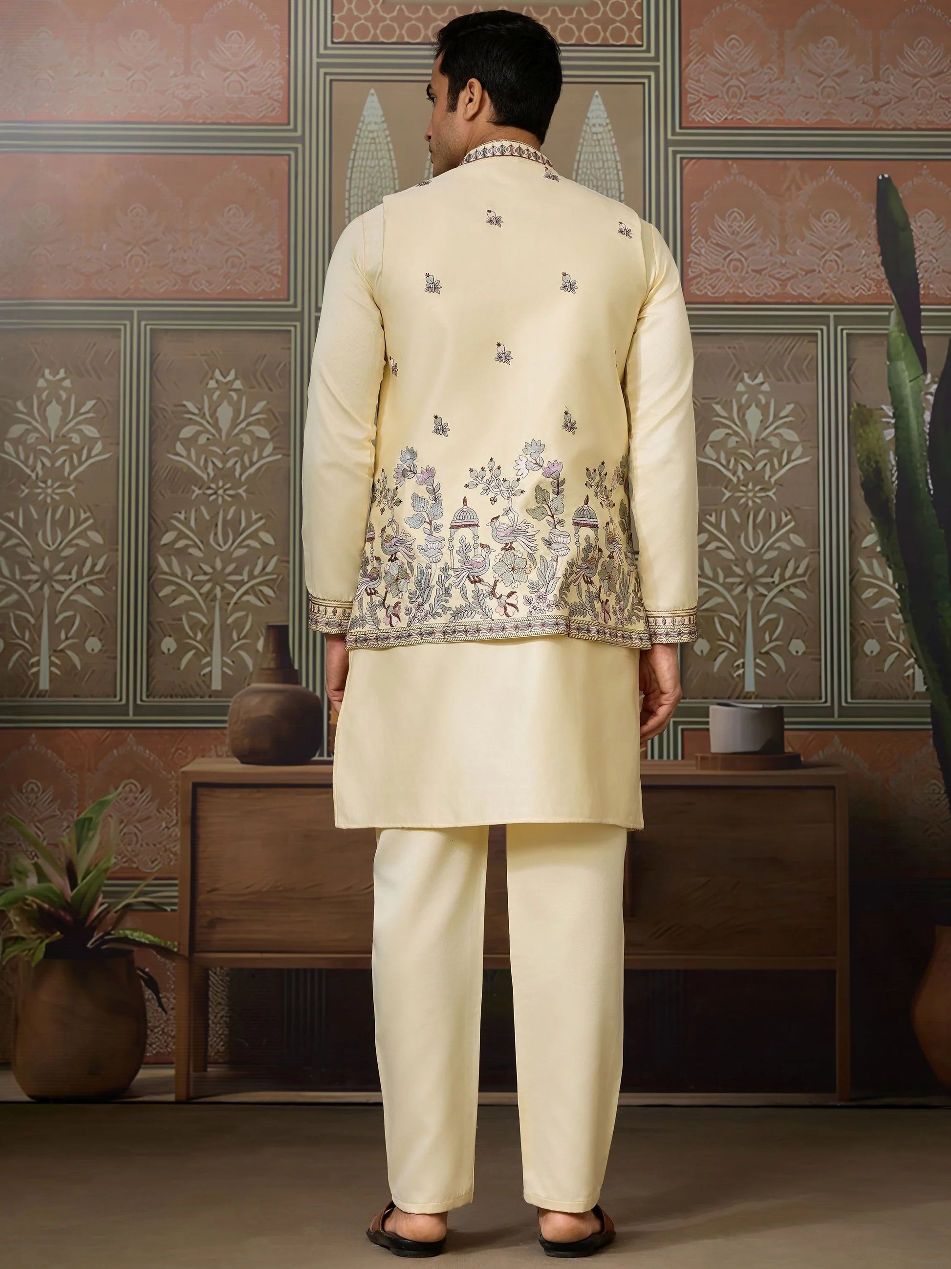 Wonderful Yellow Embroidered Silk Haldi Wear Men Kurta Set With Jacket