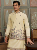 Wonderful Yellow Embroidered Silk Haldi Wear Men Kurta Set With Jacket
