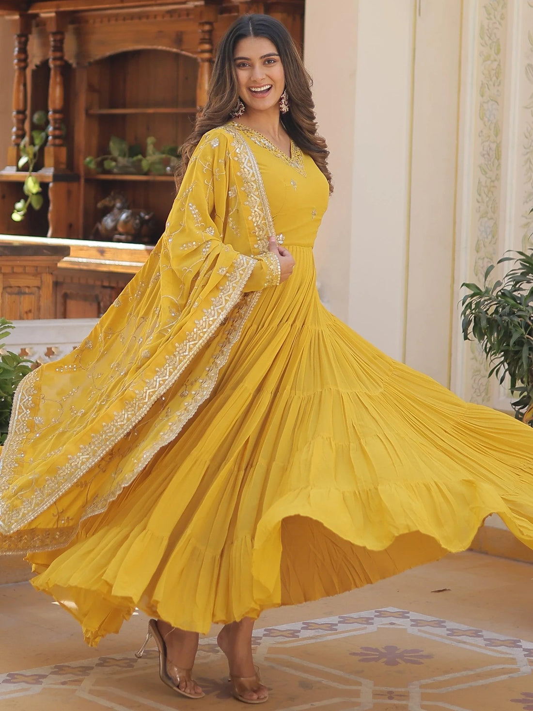 Wonderful Yellow Ruffle Work Georgette Haldi Wear Gown With Dupatta