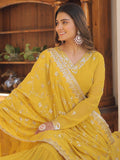 Wonderful Yellow Ruffle Work Georgette Haldi Wear Gown With Dupatta - Zeel Clothing