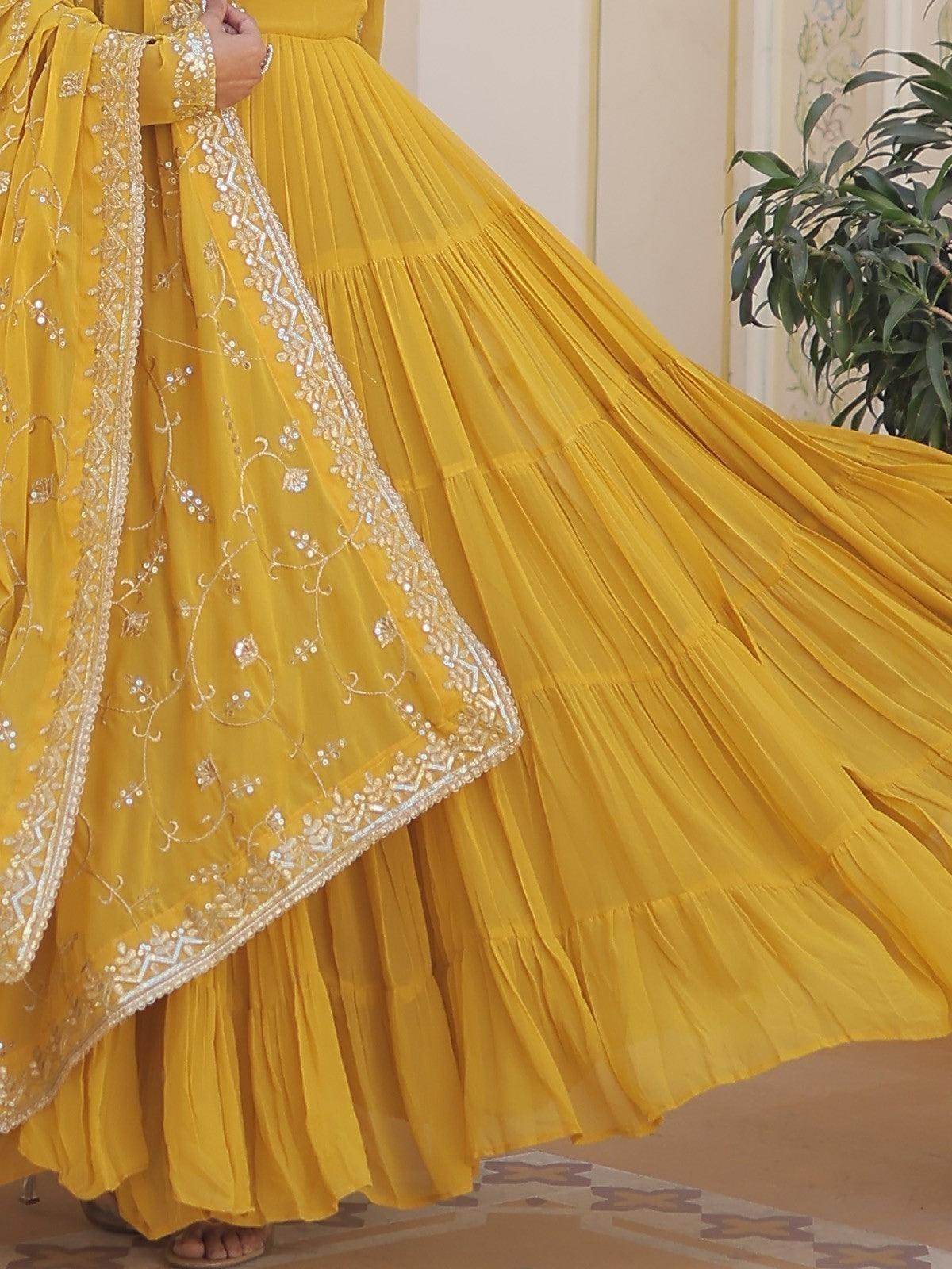 Wonderful Yellow Ruffle Work Georgette Haldi Wear Gown With Dupatta - Zeel Clothing