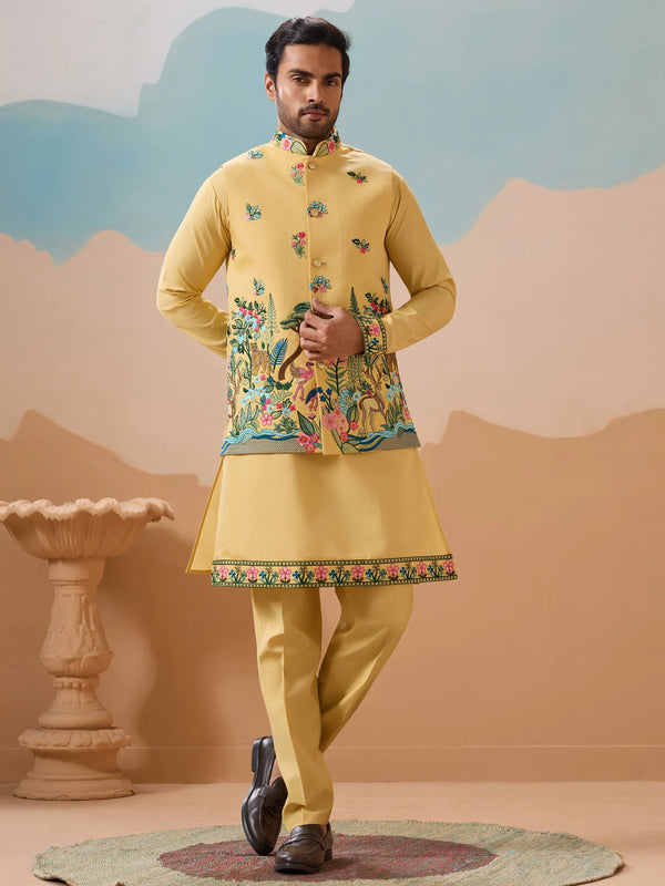 Wonderful Yellow Sequins Work Silk Men Haldi Wear Kurta Pant With Jacket