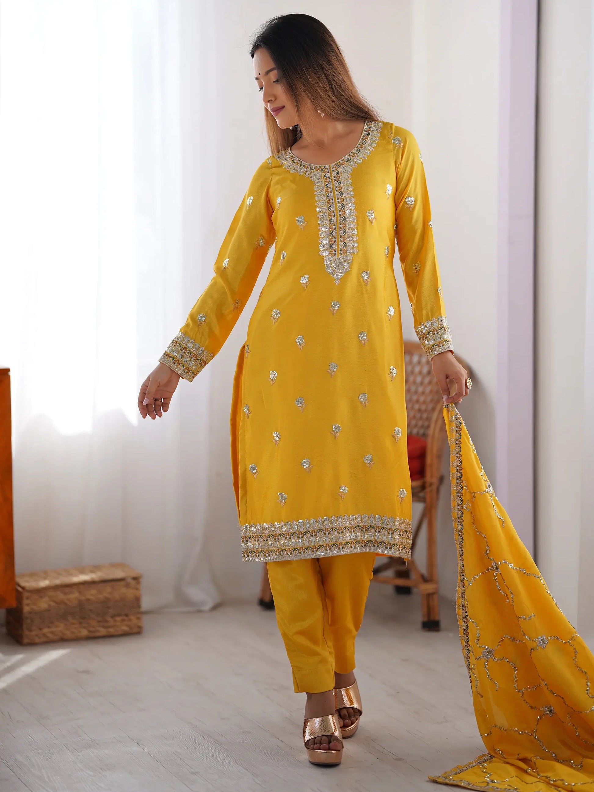 Wonderful Yellow Thread Work Chinon Festival Wear Pant Suit - Zeel Clothing