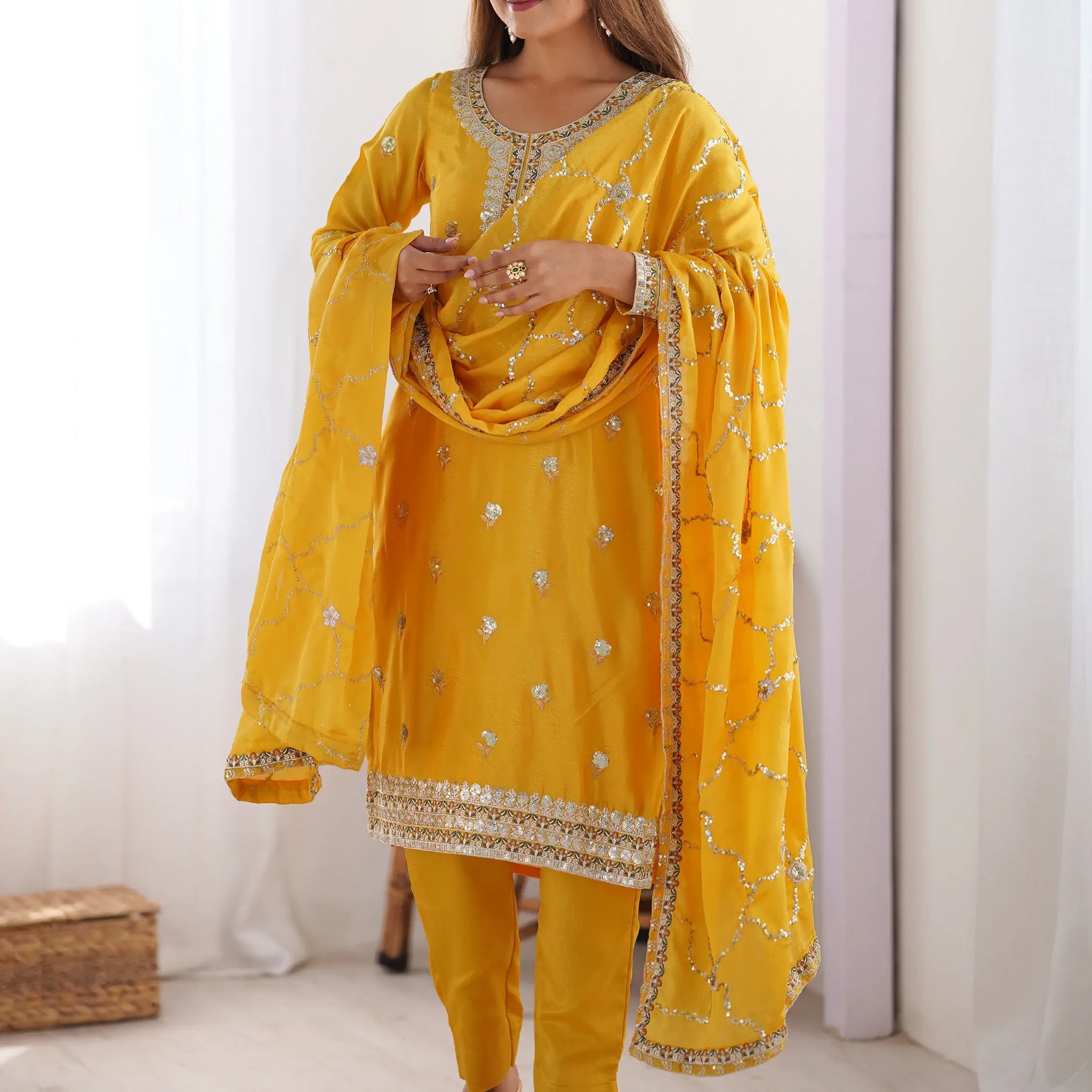 Wonderful Yellow Thread Work Chinon Festival Wear Pant Suit - Zeel Clothing