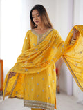 Wonderful Yellow Thread Work Chinon Festival Wear Pant Suit - Zeel Clothing