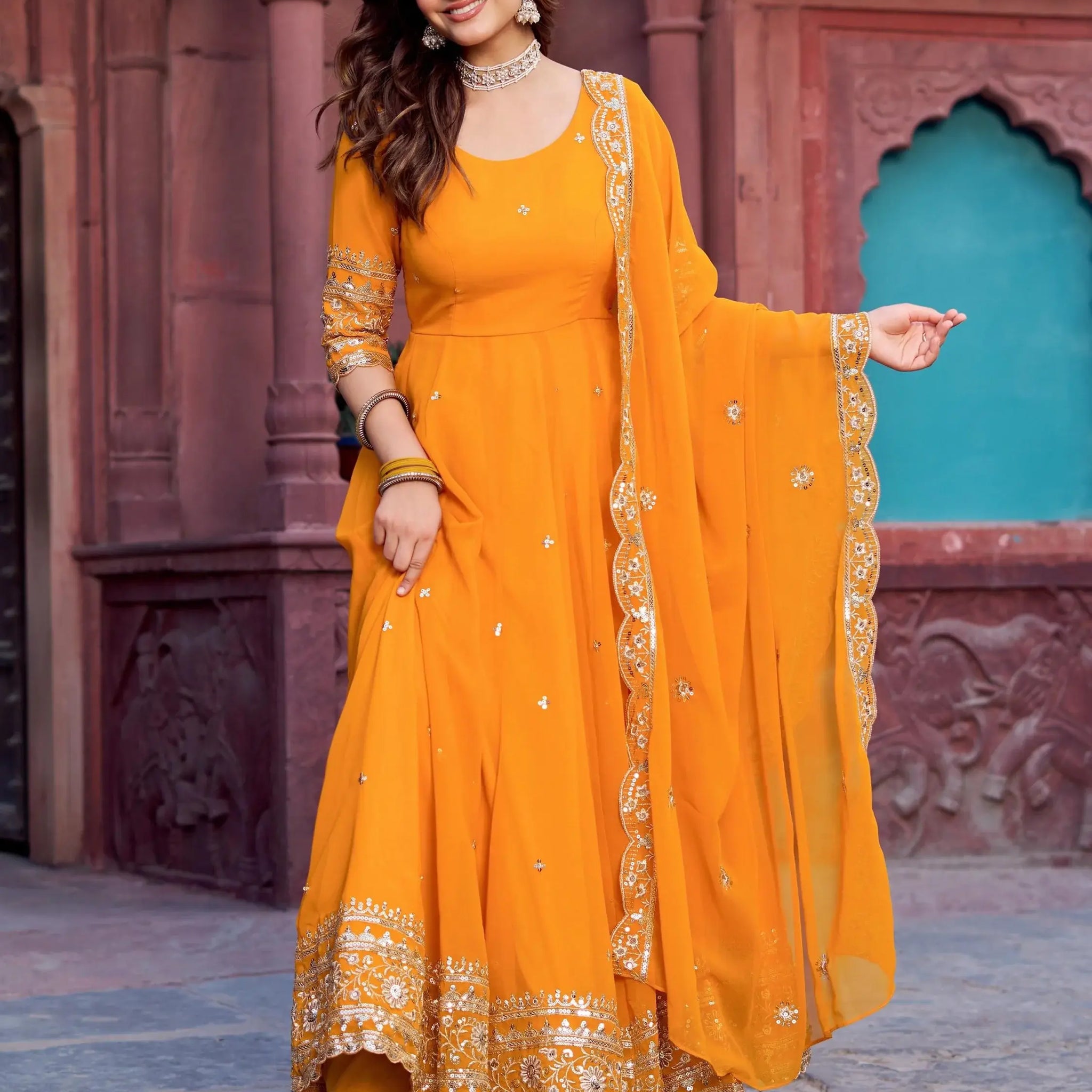 Wonderful Yellow Thread Work Georgette Haldi Wear Gown With Dupatta - Zeel Clothing