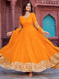 Wonderful Yellow Thread Work Georgette Haldi Wear Gown With Dupatta - Zeel Clothing
