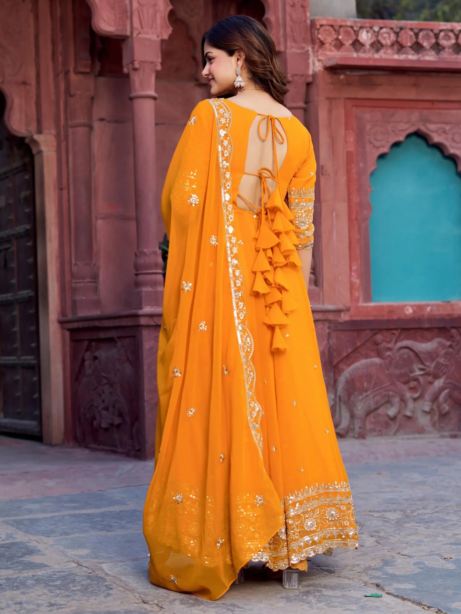 Wonderful Yellow Thread Work Georgette Haldi Wear Gown With Dupatta - Zeel Clothing