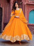 Wonderful Yellow Thread Work Georgette Haldi Wear Gown With Dupatta - Zeel Clothing