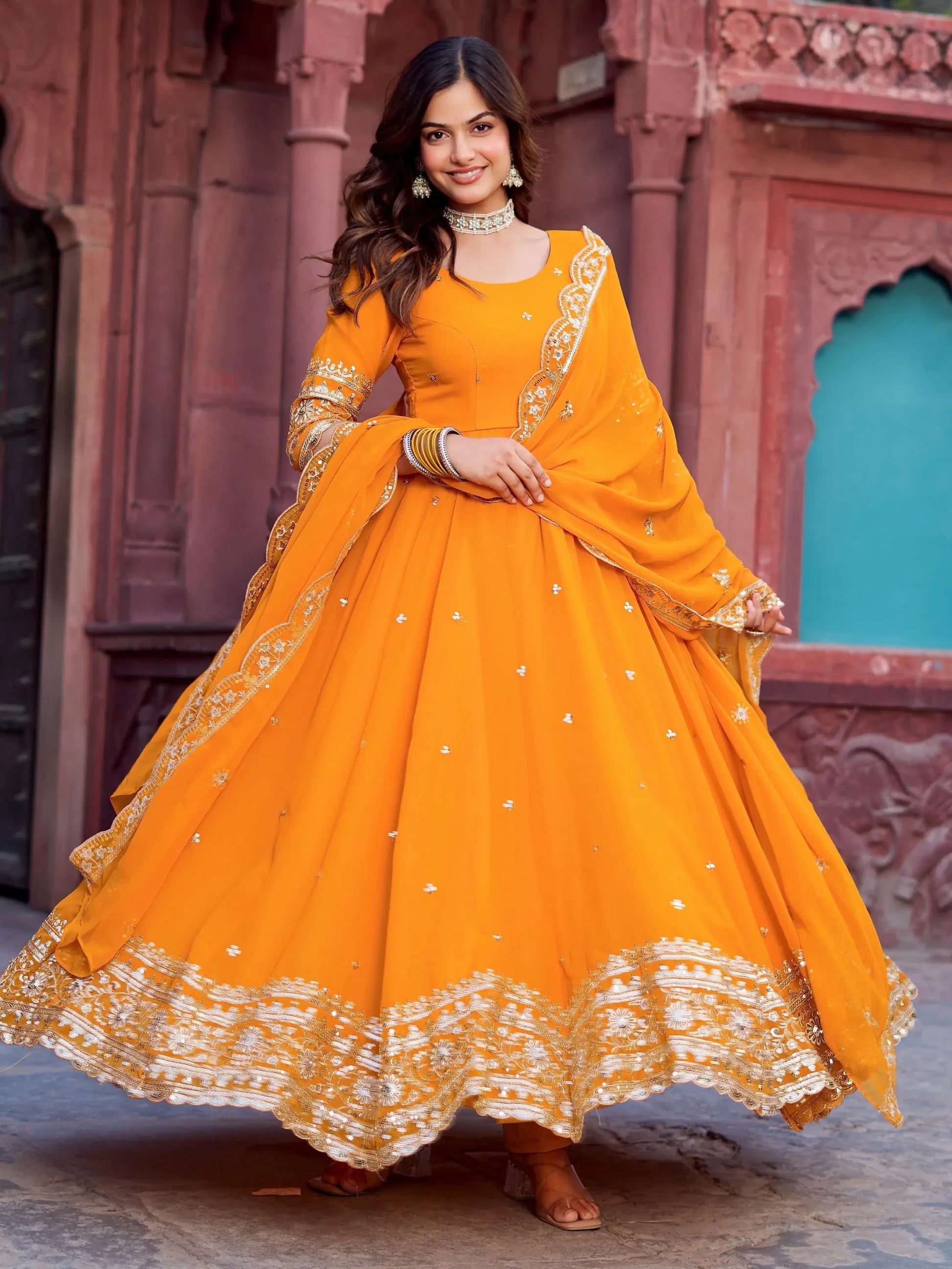 Wonderful Yellow Thread Work Georgette Haldi Wear Gown With Dupatta - Zeel Clothing