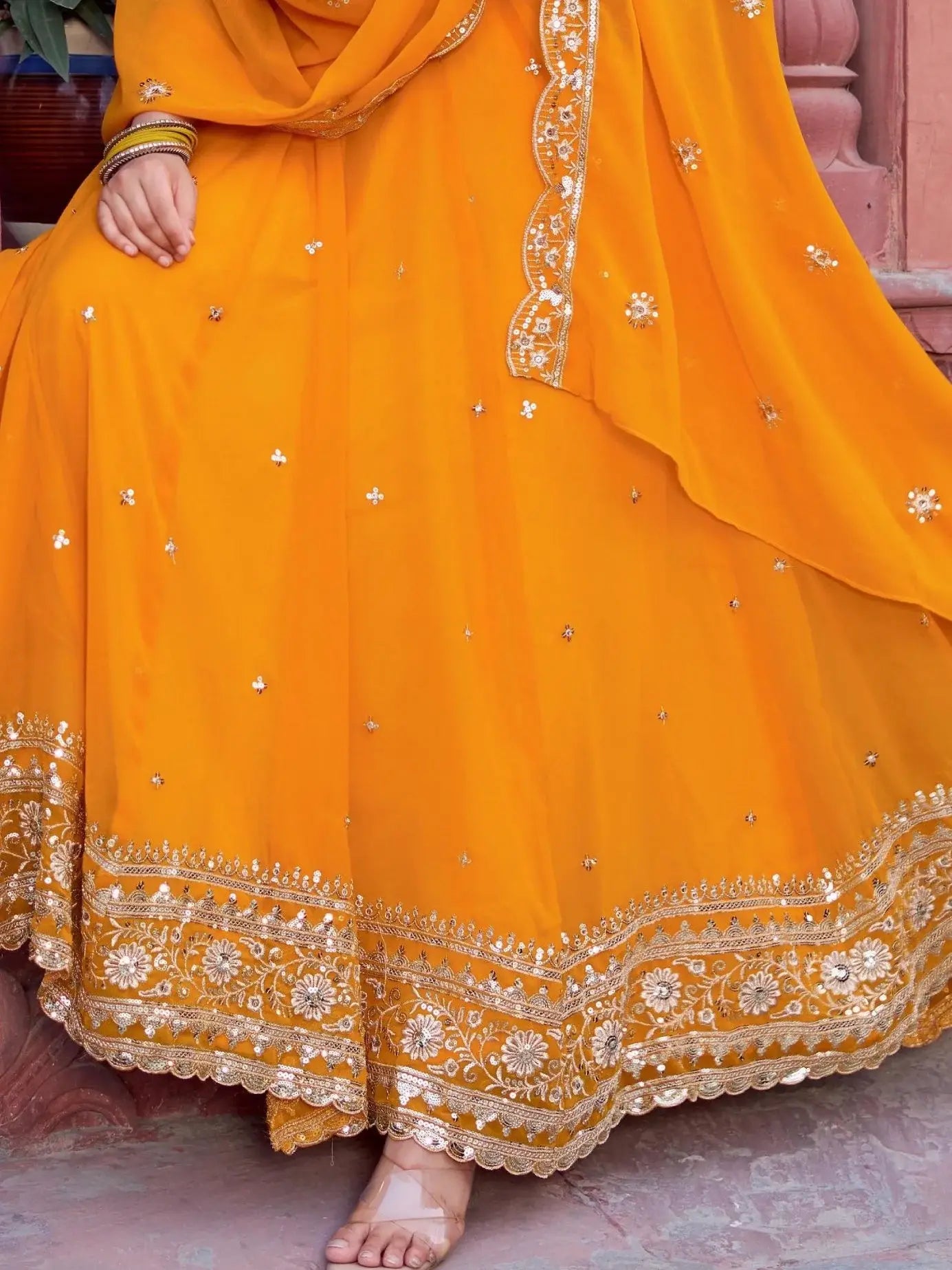 Wonderful Yellow Thread Work Georgette Haldi Wear Gown With Dupatta - Zeel Clothing