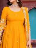 Wonderful Yellow Thread Work Georgette Haldi Wear Gown With Dupatta - Zeel Clothing