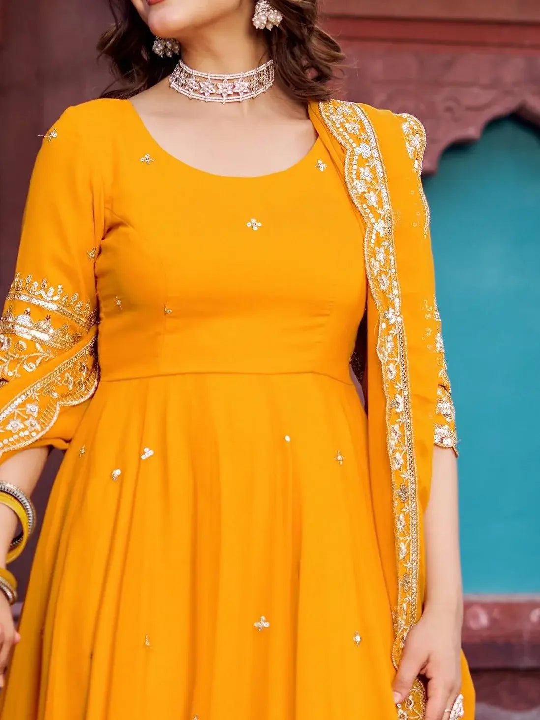 Wonderful Yellow Thread Work Georgette Haldi Wear Gown With Dupatta - Zeel Clothing