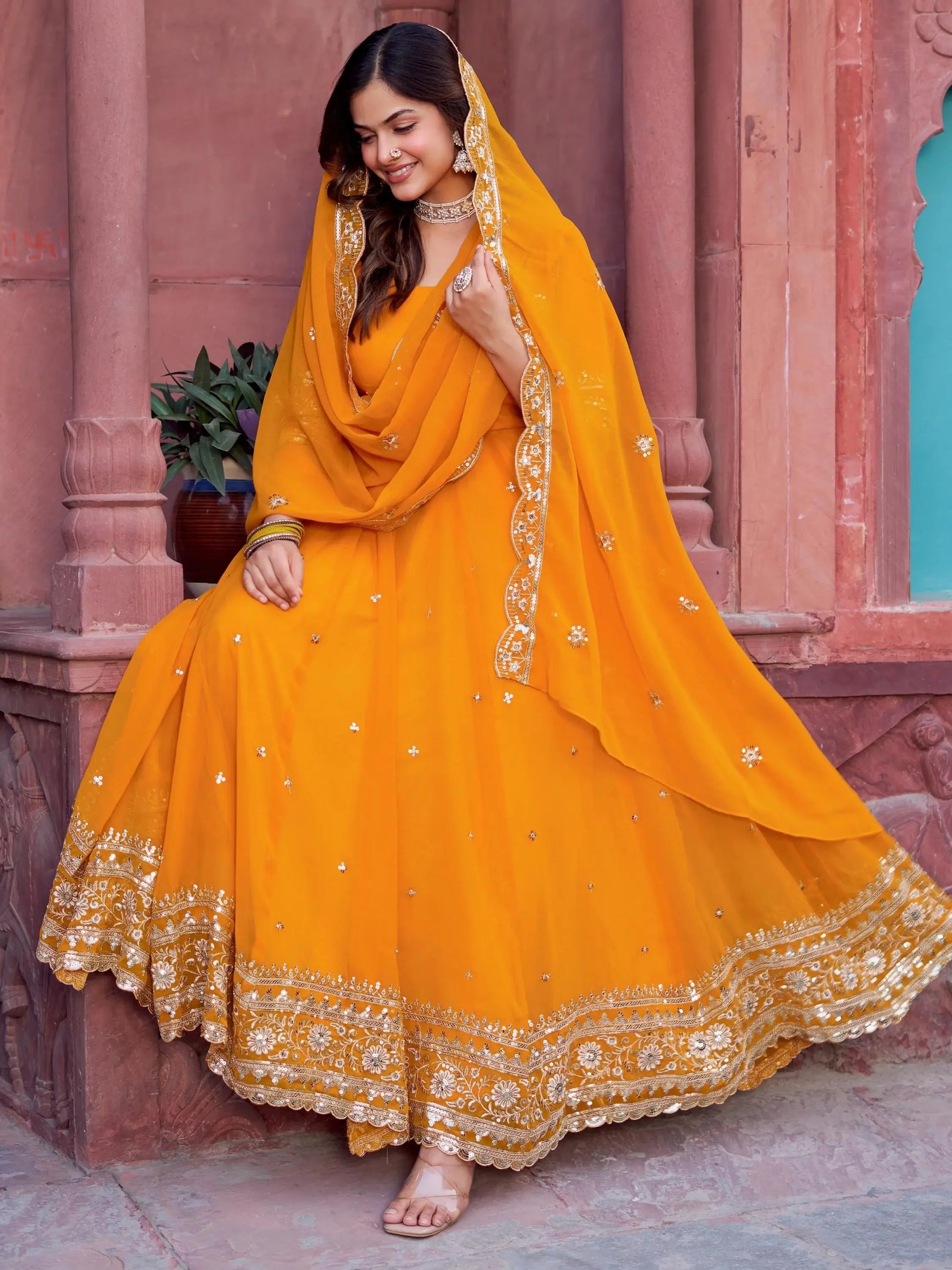 Wonderful Yellow Thread Work Georgette Haldi Wear Gown With Dupatta - Zeel Clothing
