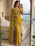 Great Yellow Bead Embroidered Satin Haldi Wear Saree With Blouse