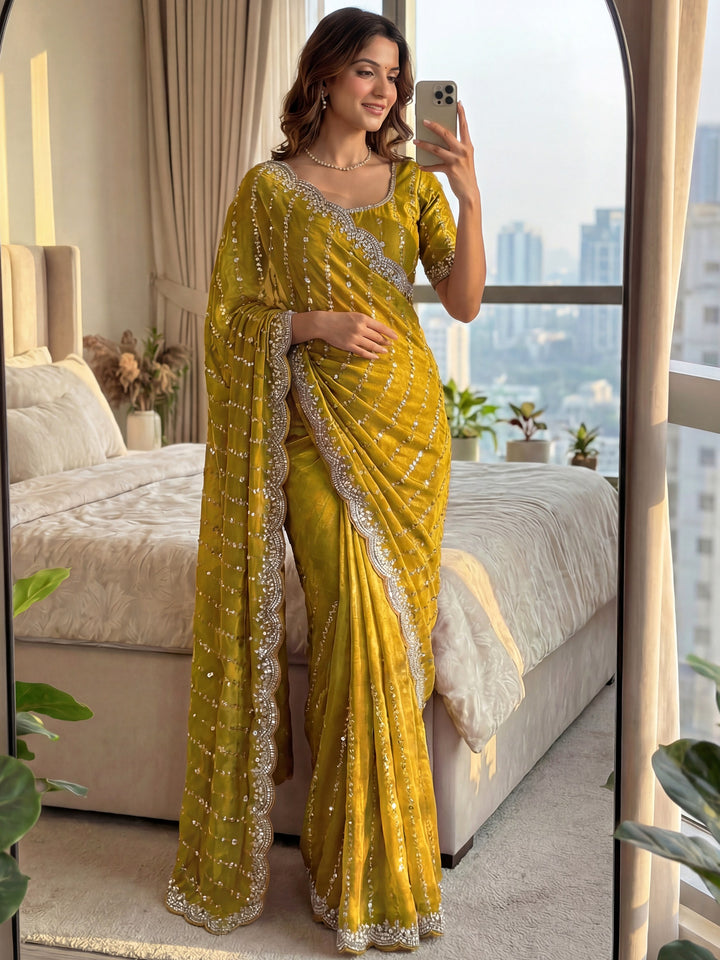 Great Yellow Bead Embroidered Satin Haldi Wear Saree With Blouse
